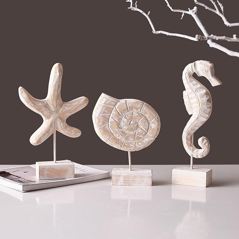 3PCS Mediterranean Starfish Conch Seahorse Statue Figurines Crafts Office Ornament Desk Accessories Home Decor