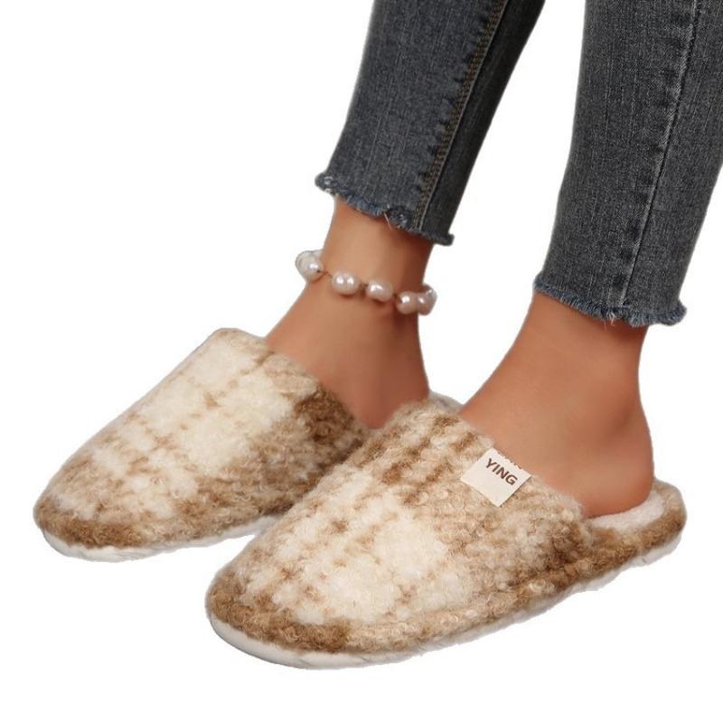 Retro Checkered Cotton Shoes, New Indoor Soft-soled Warm Slippers for Women