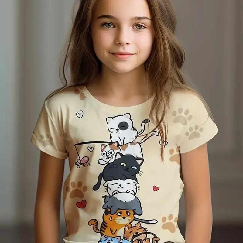 Kids Clothes Children's T-Shirt Girl Short Sleeve Top Cartoon Cat Girls Summer Clothes Child T-Shirt  Children's Clothing