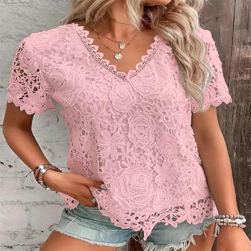 BITCED Women's Fashion Casual Solid Color Print Short Sleeve V Neck Blouses & Shirts