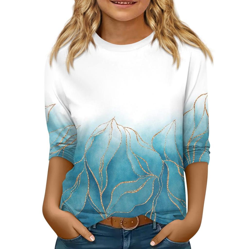 Children's 3/4 Sleeve Tops Casual  Print T Shirt Round Neck Pullover Blouse