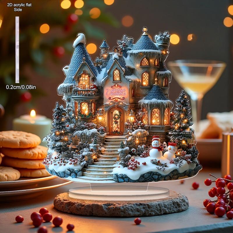 

2D Flat Bohemian-Style Snowman Castle Christmas Tree Acrylic Desktop Decoration, Suitable for Wall Decoration, Porch, Room, Villa, Accents Home, Hallw 20*19CM