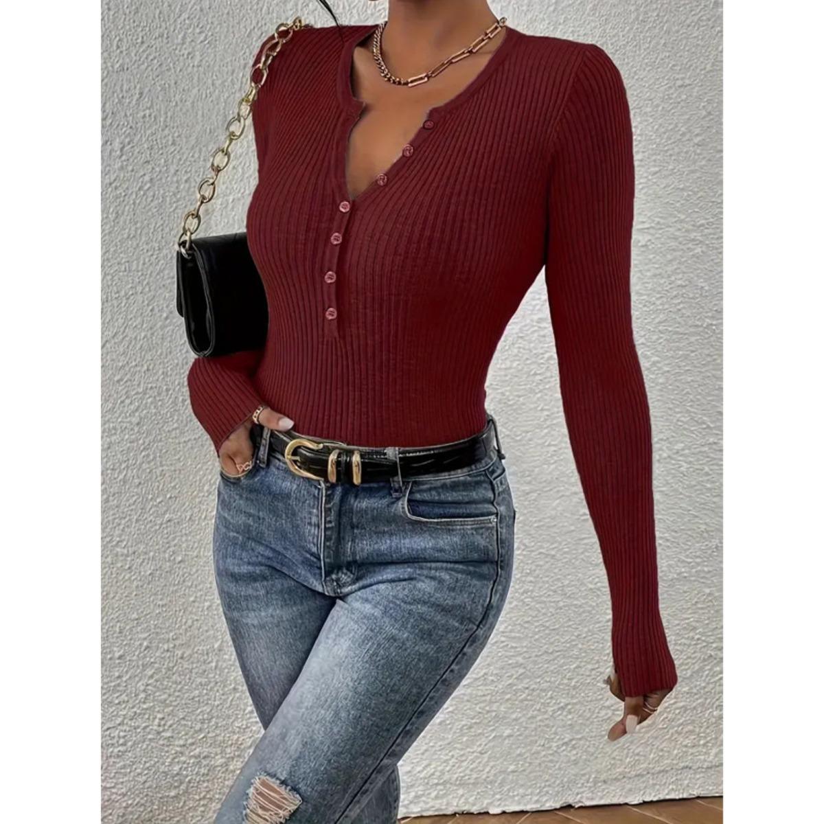 

Hot Sale Women s V-Neck Long Sleeve Buttoned Slim Fit Versatile Knit Top Xs ( 40-50kg )
