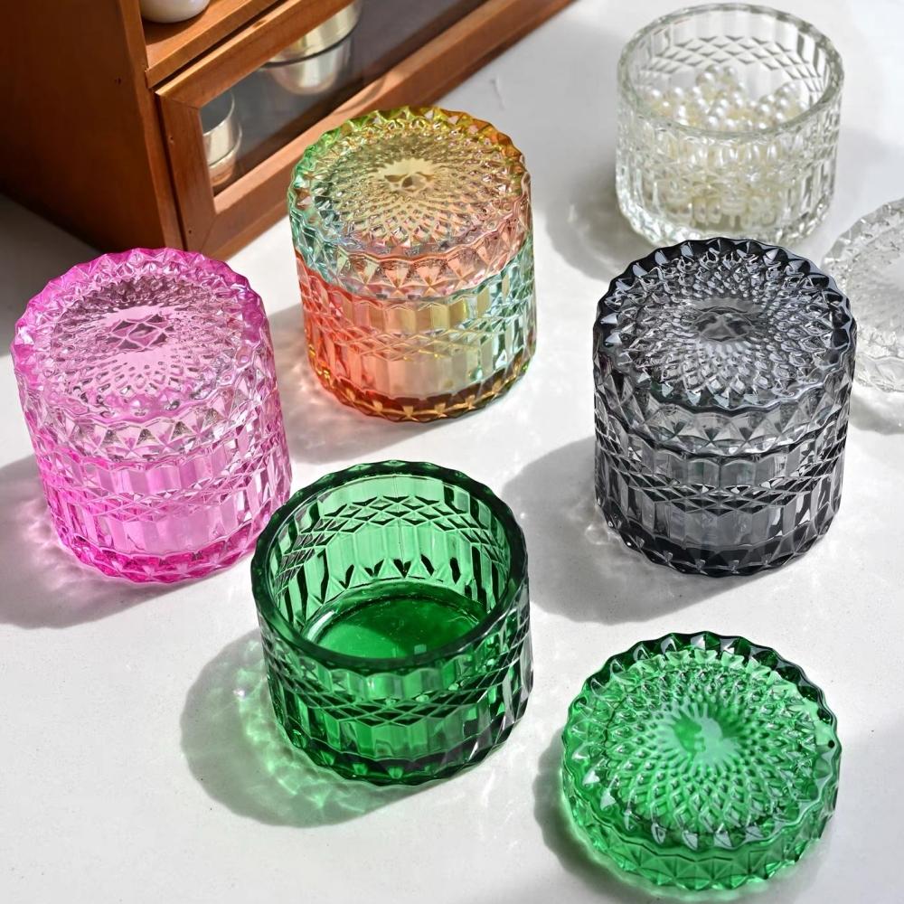 Multicolor Crystal Glass Storage Jar,Candy Glass Jar with Lid Aromatherapy Candlestick Container Home Dressing Table Decoration