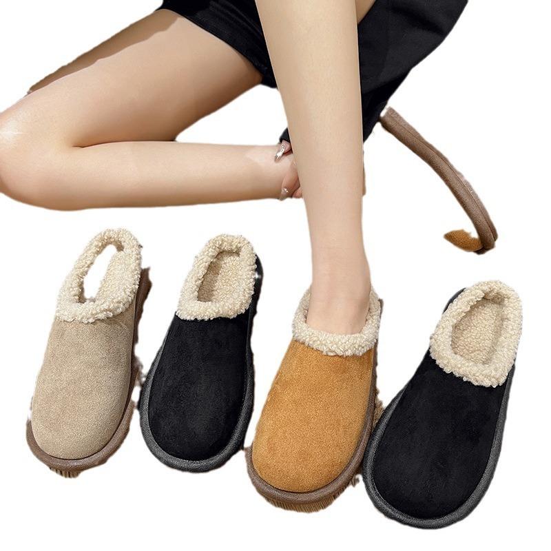 Retro wind fluffy slippers bag head half support shoes women's new flat bottom women's plush snow boots women's shoes