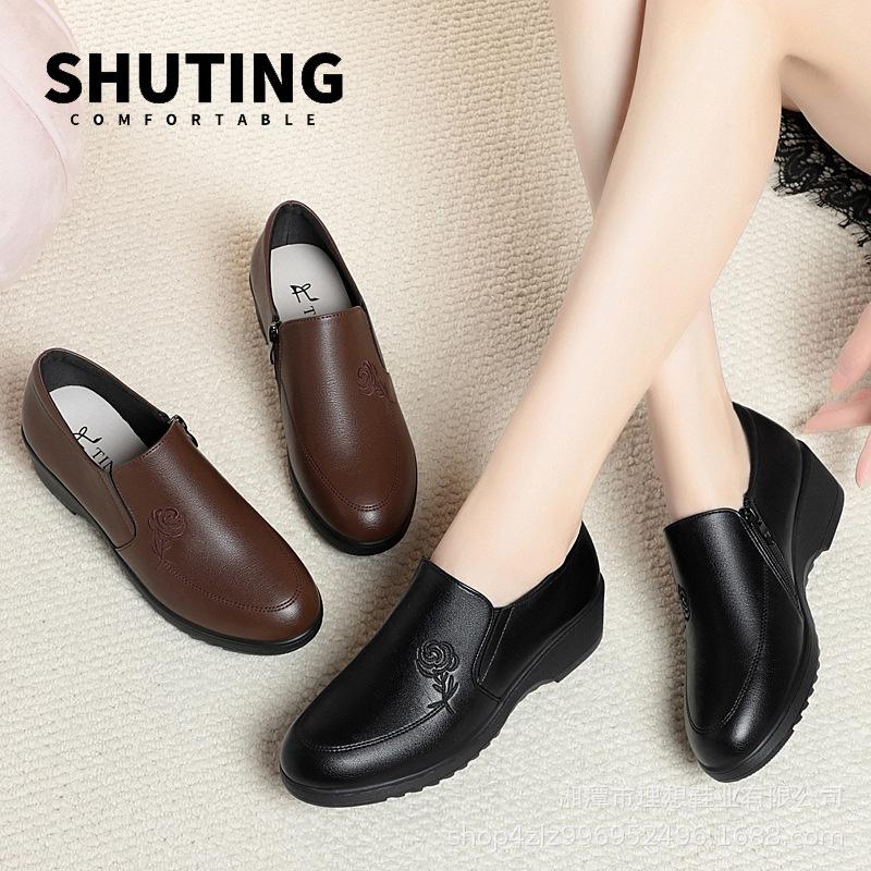 Fashion 2024 Fashion Simple Women Soft Leather Loafers Casual Round Toe Soft Comfortable Soft Bottom No-slip Black Zip Single Shoes