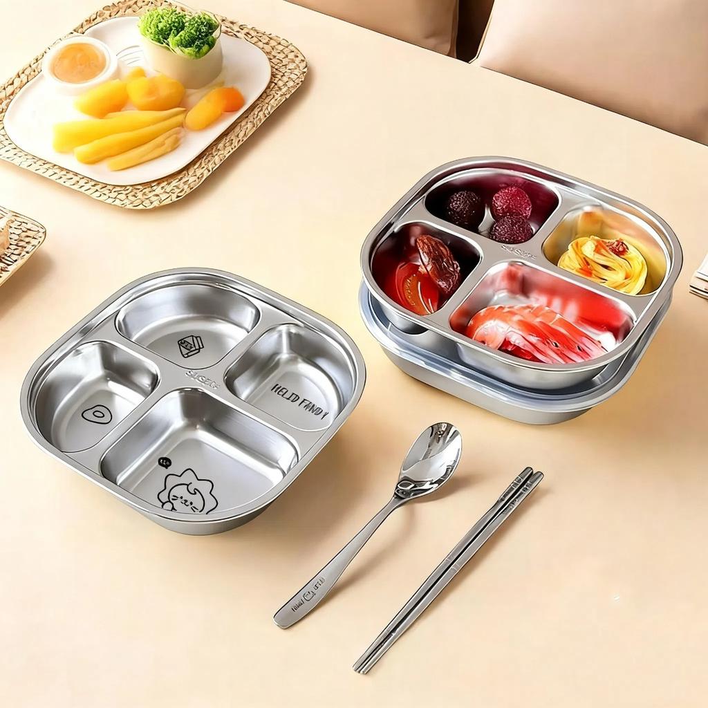 3/4 Fächer Quadratische Kinder-Essteller Wiederverwendbar 304 Edelstahl Lebensmittelplatte Schale Obstsalat Serviertablett Spülmaschinenfest