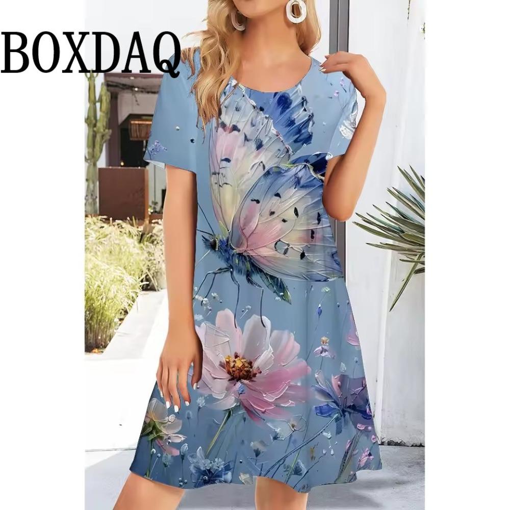 2025 Fashion Personality Butterfly Pattern 3D Printed Round Neck Short-sleeved Dress
