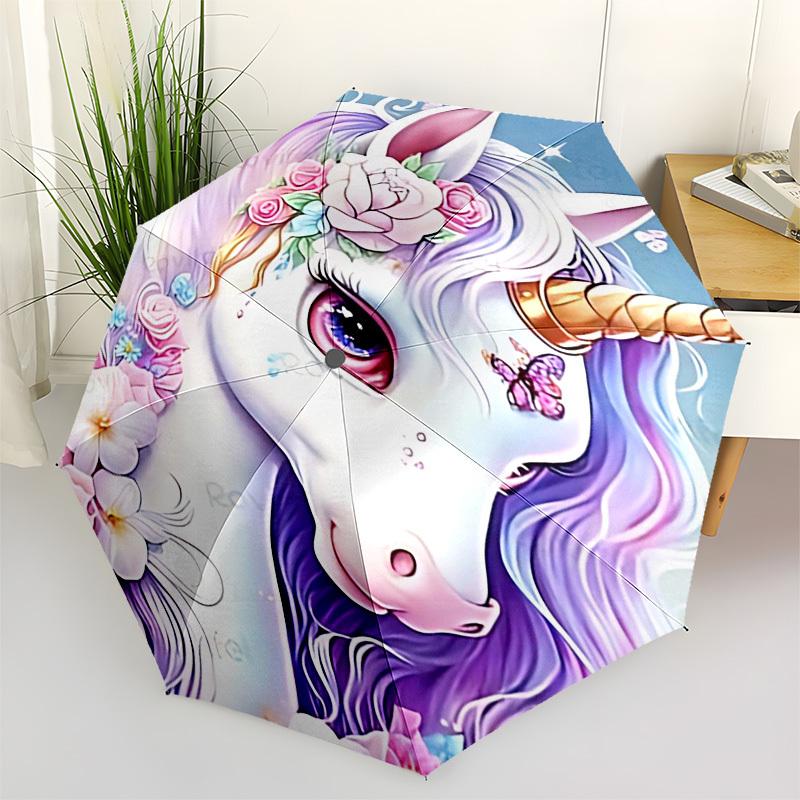 1pc unicorn flowersOpen/Close Umbrella-Windproof, Compact Travel Umbrella, Sturdy 8-Rib Shaft, Outdoor Accessory, 1112