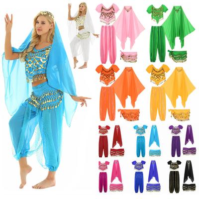 Damen 4-teiliges Bauchtanz-Outfit für indischen Tanz, Halloween, Karneval, Maskerade, Kostüm, Pailletten-Crop-Top mit Haremshose, Hüfttuch, Kopftuch