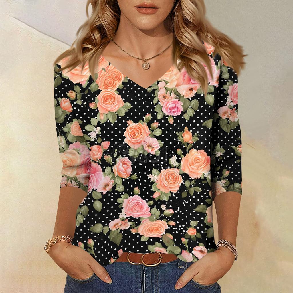 Womens V Neck Shirt 3/4 Sleeve Loose Fit Casual Blouse Floral Print Lightweight Top for Everyday Wear