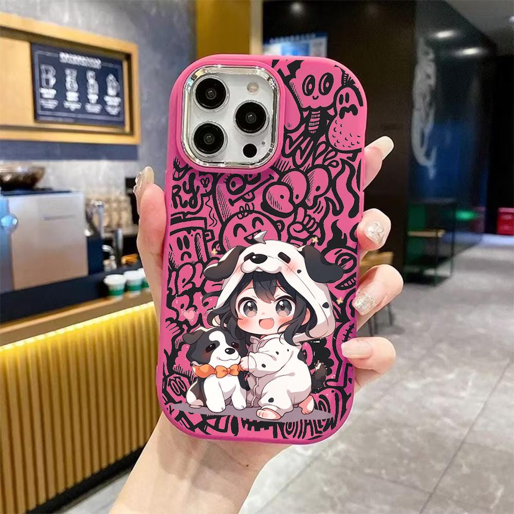 Phone case: 2D flat design suitable for iPhone 18 17 16 15 14 13 Pro protective case, couple style, chibi girl, Christmas and Halloween gift