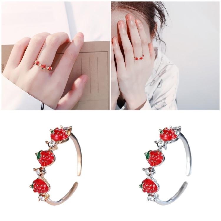 Delicate Strawberry Inspired Adjustable Ring With Faceted Cubic Zirconia Stones Polished Copper Base Fashionable Everyday Accessory