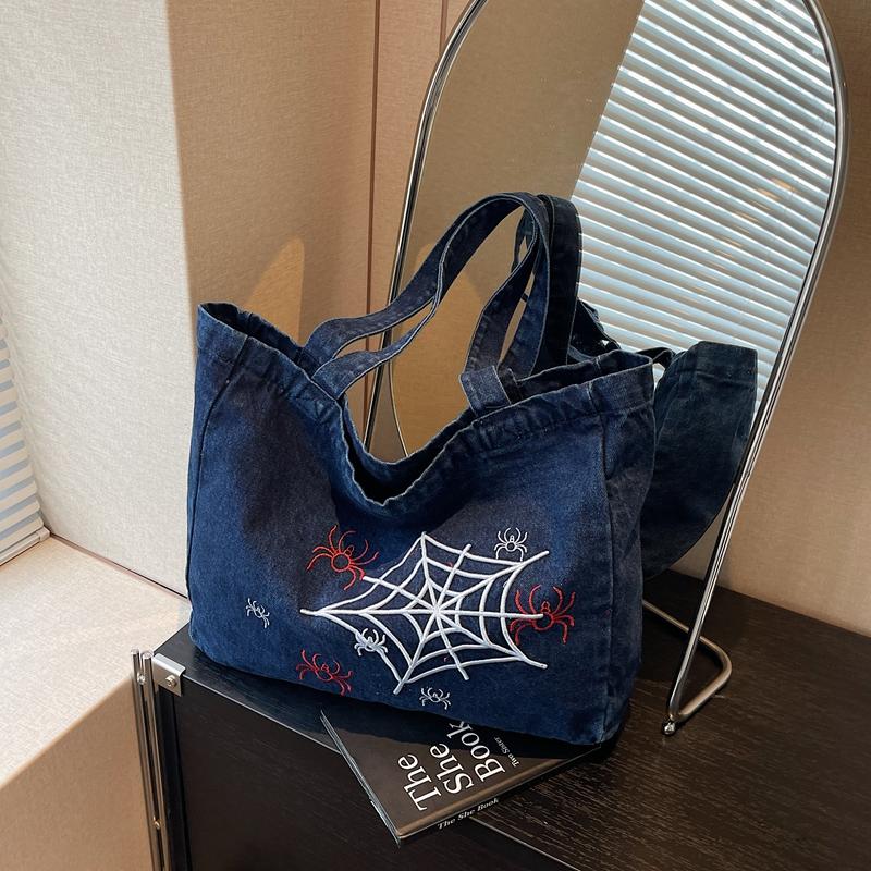 Large Capacity Denim Tote Bag Women's Travel Bag Embroidery Commuter Shoulder Bag