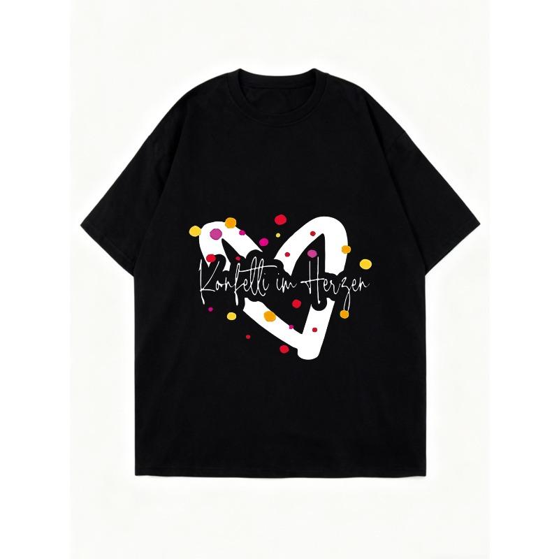 Oversized T Shirt Black Heart Pattern with Confetti and Konfetti Im Herzen Text Casual Wear for Women