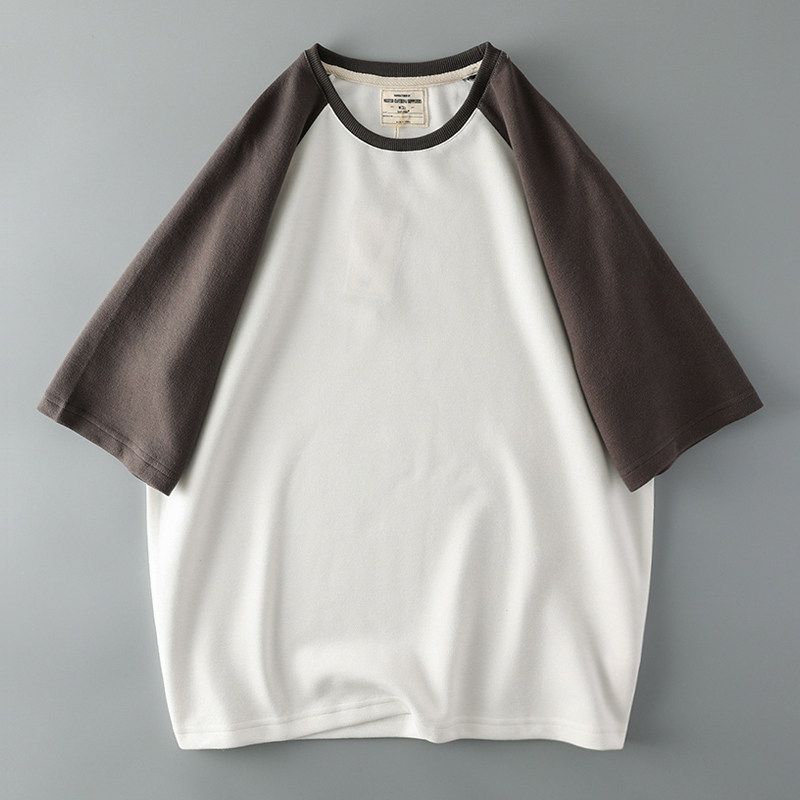 American Raglan Patchwork Contrast Color Men Short Sleeve T-Shirt Men's Pure Cotton 300G Heavy Weight Export Export Menswear T-shirt