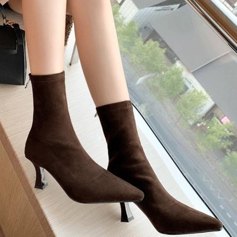 Vintage Women Ankle Boots Fashion Pointed Toe Shoes Autumn Winter High Heel Ladies Elegant Stretch Slim Short Booties
