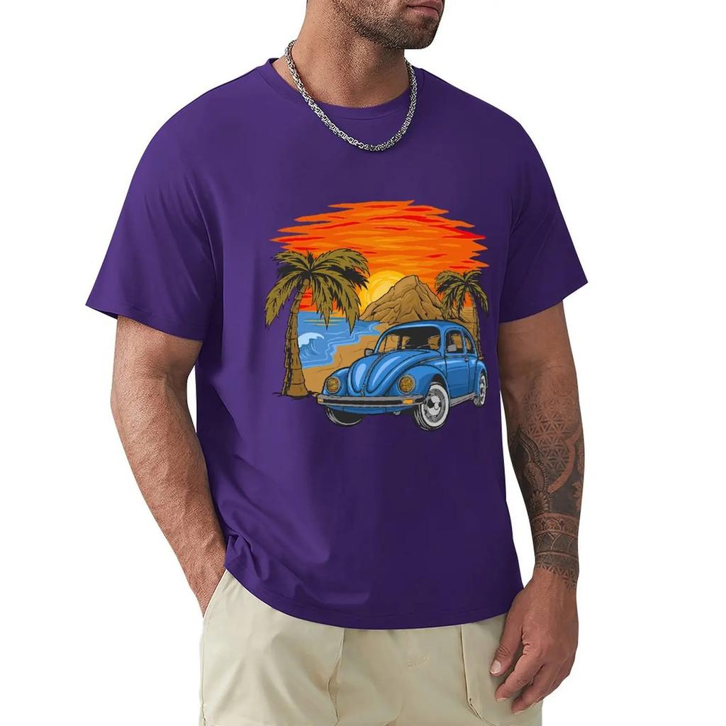 Holiday Vintage Car With Sunset In The Beach T Shirt Harajuku Short Sleeve T-shirt 100% Cotton Graphics Tshirt Tops