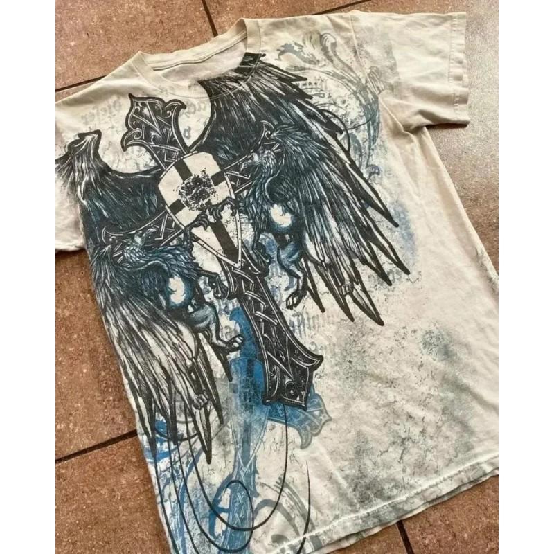 Mens Trendy Short Sleeve T-Shirt With 3D Digital Wing Print Breathable Quick-Dry Cotton Blend Slim Fit Casual Wear