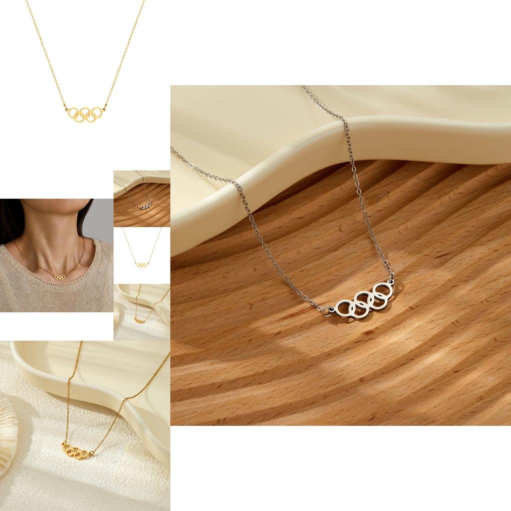Modische 18k Gold- und Silber Titanstahl Fünf-Ring Anhänger Halskette für schicken Alltag