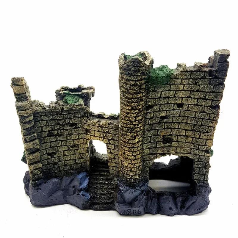 Resin Artificial Fish Tank Ancient Castle Decoration Aquarium Rock Cave Building Decoration Aquatic Landscaping Ornament