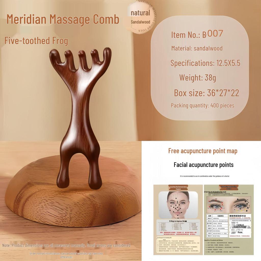 Sandalwood Multi-Functional Five-Tooth Gua Sha Massage Comb for Scalp and Face Therapy