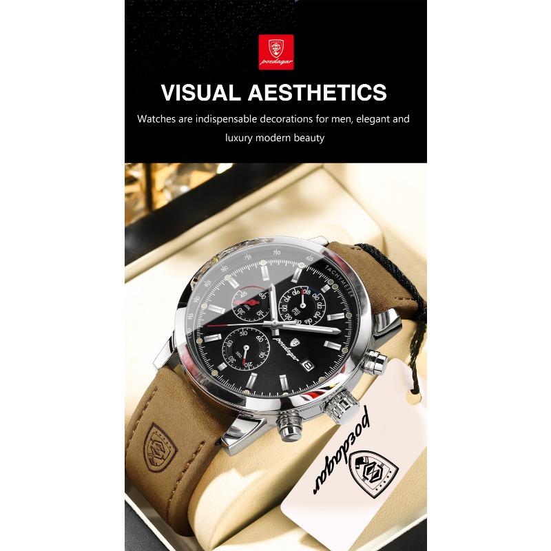 POEDAGAR Functional Luxury Man Wristwatch Date Waterproof Luminous Chronograph Men Watch Male Leather Quartz Watches