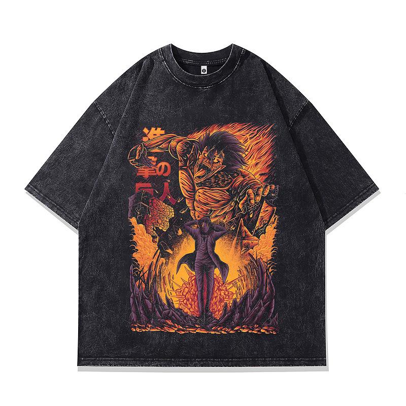 Street Retro Trendy Men'S Clothing Japanese Animation Printing Heavy Cotton Loose Short-Sleeved T-Shirt Men And Women