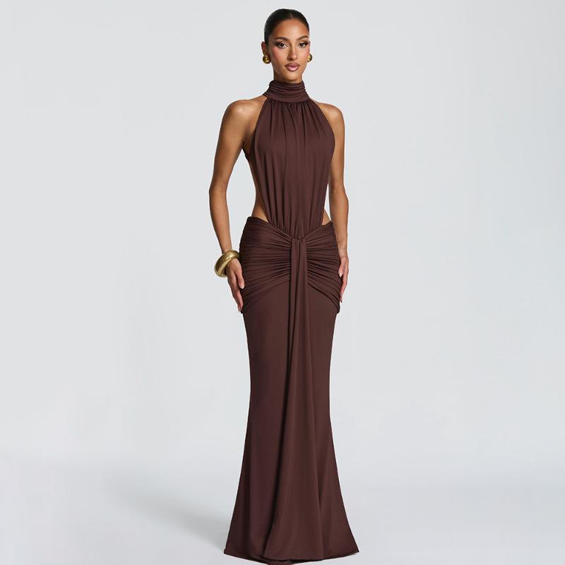 

Women s temperament elegant banquet evening dress long dress European and American style fashion sexy slim dress S темно-коричневого