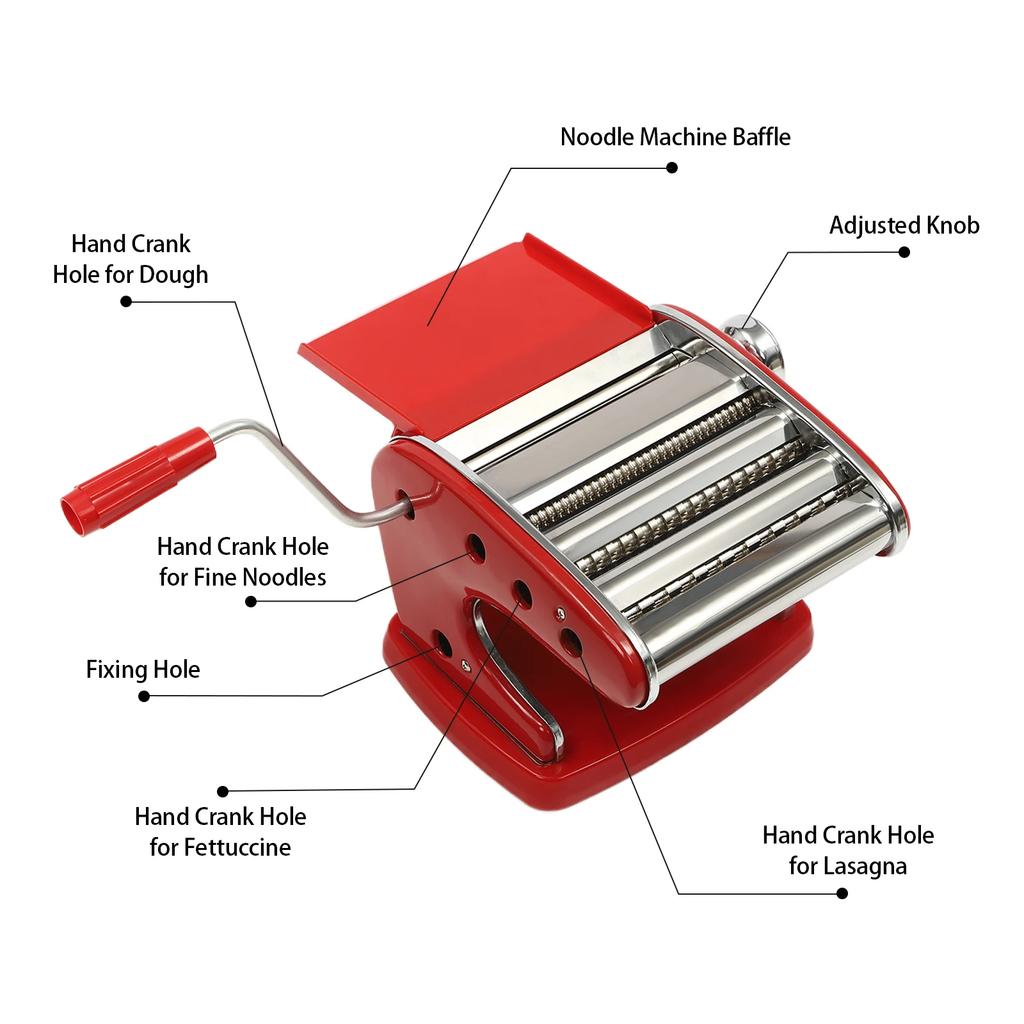 Pasta Maker Machine, Manual Noodle Maker with 3 Blades, 6 Adjustable Thicknesses, Red Stainless Steel, Ergonomic Handle,