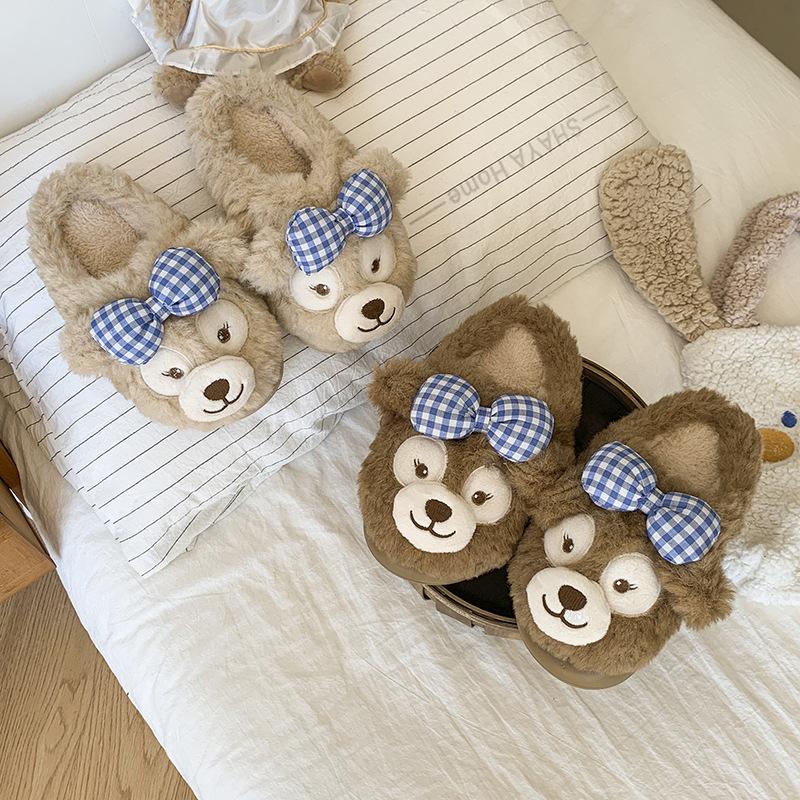 Cute Duffy Bear Cotton Slippers Women's 2025 Winter Wear Non-slip Home Indoor Thick-bottomed Velvet Thermal Cotton Slippers