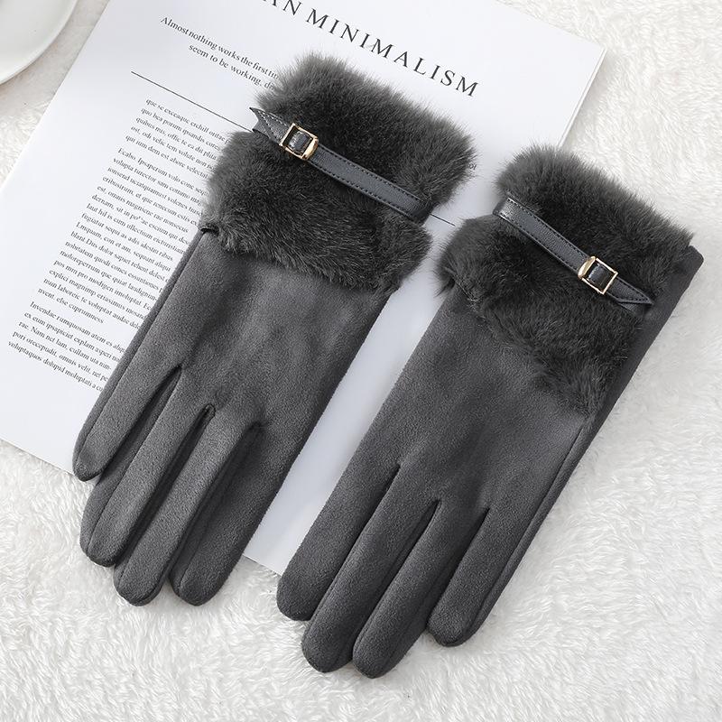 Suede Gloves Women's Autumn and Winter Mink Fur Belt Windproof and Velvet Warm Touch Screen Outdoor Electric Vehicle Riding Gloves
