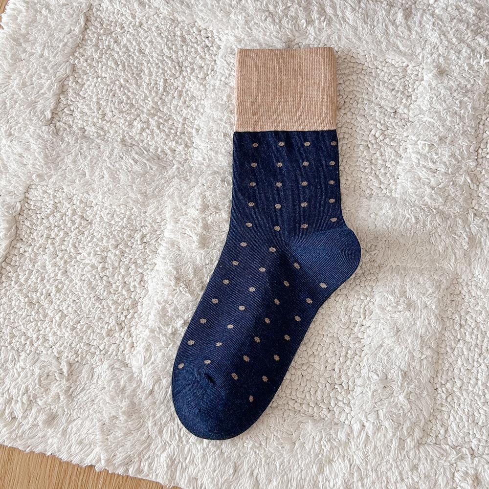 Autumn Winter Gray Polka Dot Mid-Calf Cotton Socks - Japanese Retro Contrast Stacked Socks,  Chic Layering Ankle Socks for Women
