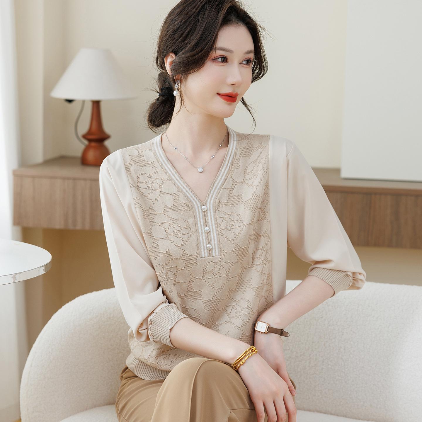 

2026 Women s Spring Gauze Sleeve Knit Top - Elegant Middle-Aged Style XL [Recommended 110-125 lbs]