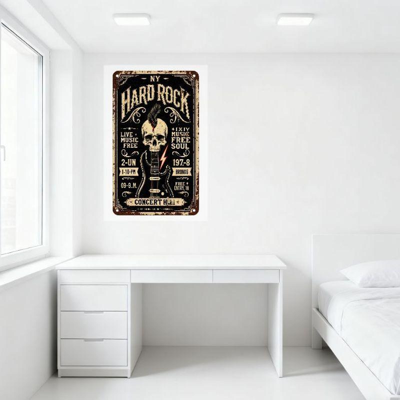 Vintage NY Hard Rock Concert Metal Tin Sign, Skull Feather Guitar Lightning Bolt Decor, Live Music Free Soul 09-9PM 197-8 BRONX6