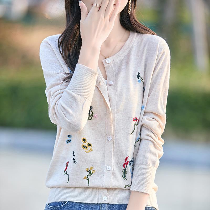 Autumn 2025 Fine Knit Round Neck Embroidered Loose Cardigan Wool Outerwear