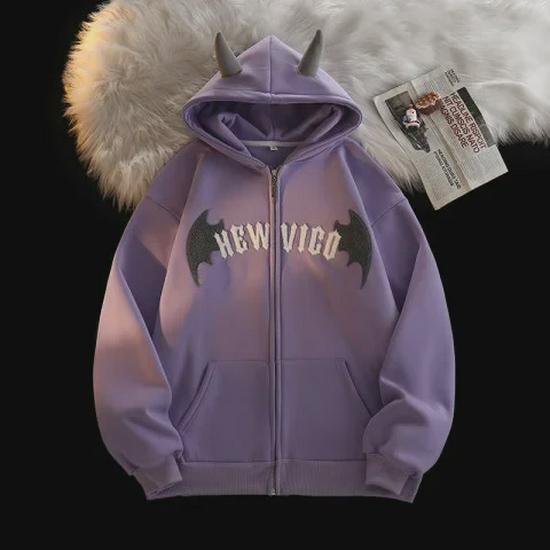 

Унисекс Ретро Кардиган с капюшоном и дьявольскими рожками: Стильная куртка свободного кроя для всех XL фиолетовый
