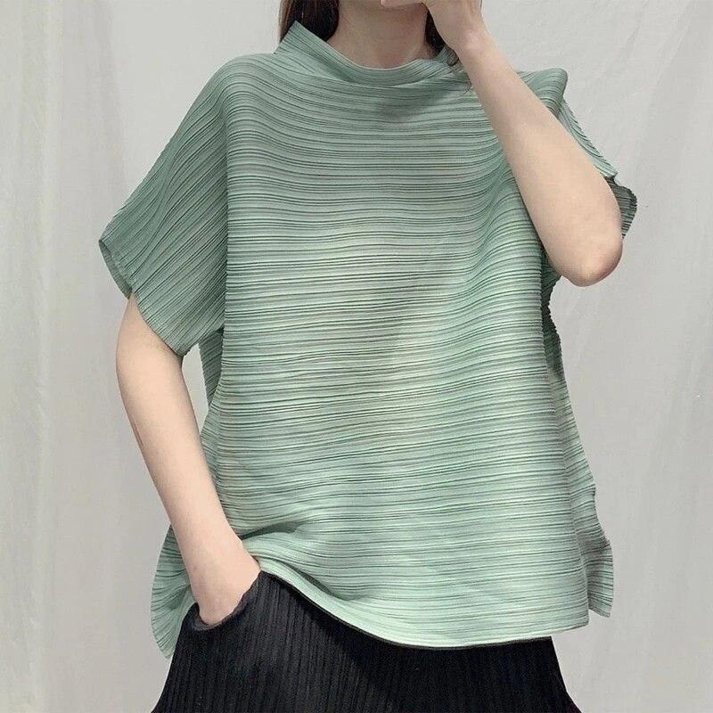 2023 sommer Neue frauen Kleidung Stehkragen Einfarbig Plissiert Batwing Ärmel Pullover Tops Frauen Bequeme Lose T-shirt