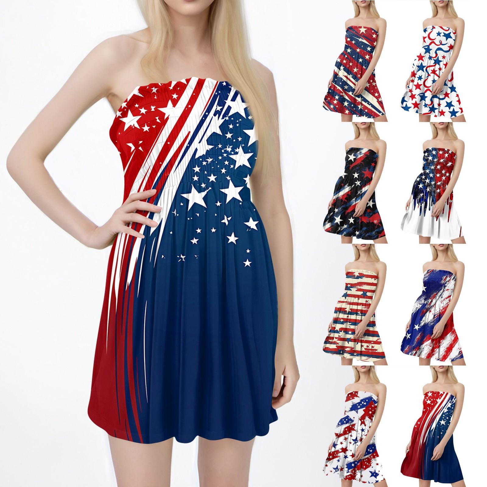 

Fashion Women s Casual Bandeau Independence Day Print Sleeveless Dress XXL синий