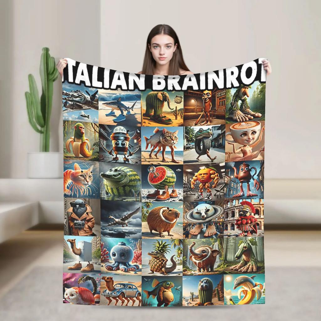 Italian Brainrot Meme Funny  Plush Blanket for Kids Flannel Throw on Couch Bed Soft Warm Design Quality Bedspread Gift