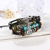 Beaded Blue Eyes Multilayer Cowhide Bracelet with Vintage Hollow Carved Bangle