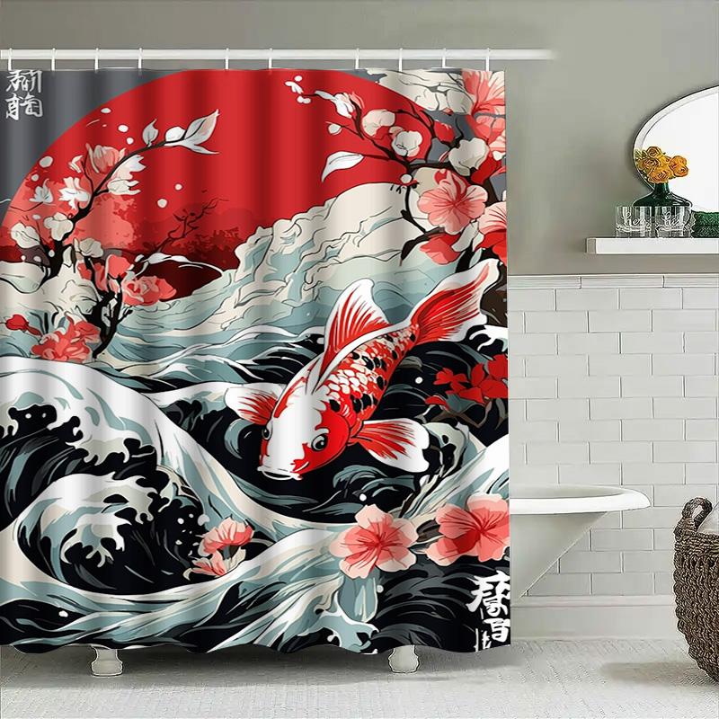 Japanese Red Fish Bath Curtainfloral Print Waterproof Shower Room Decor, Modern Style Home Decoration Wall Hanging Bathroom Cove