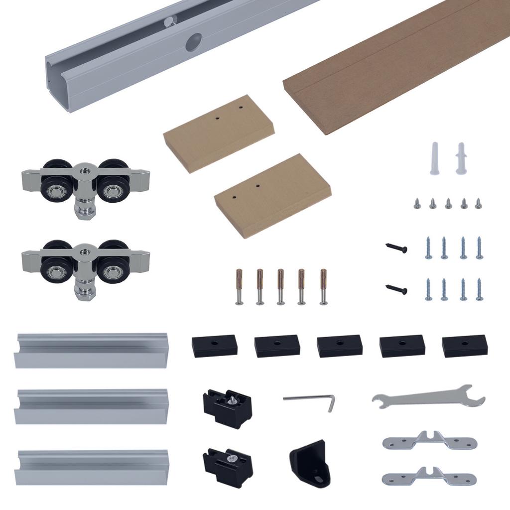 Complete Wooden Sliding Door Kit Hardware Pocket Door System for Door Thickness 35-45 mm Max. Load 75 kg Rail Rollers Screws 200 x 3.05 cm Brown