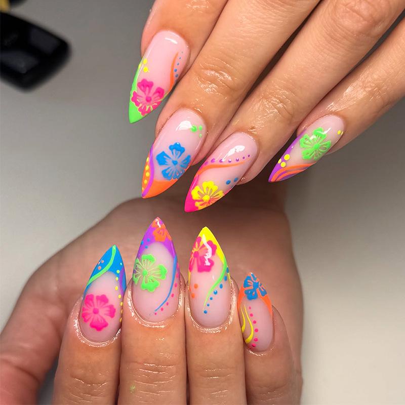 30-Piece Hand-Painted French Almond Floral False Nails