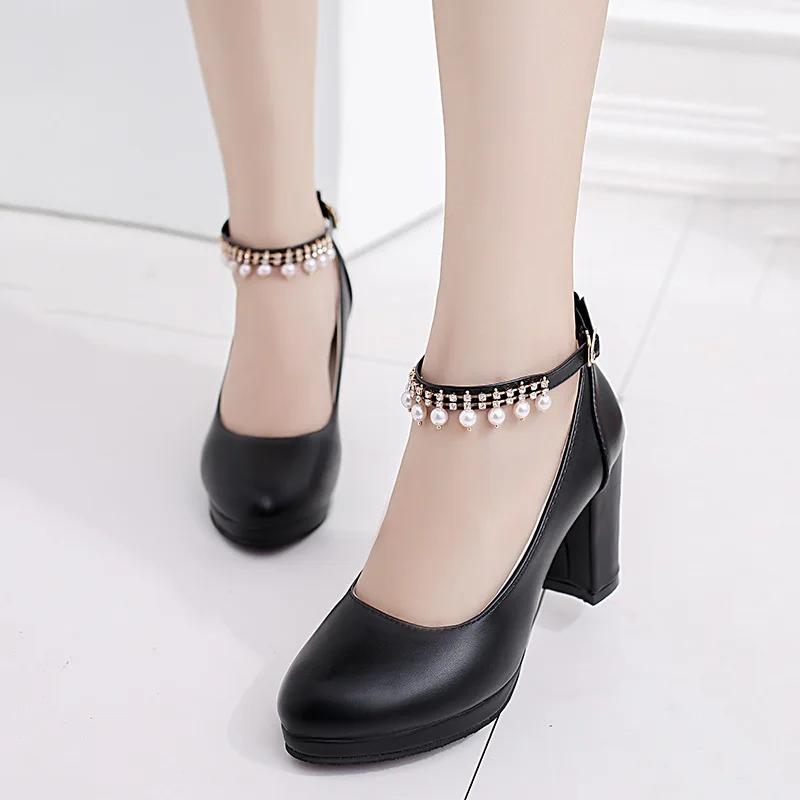 White Black Women Wedding Shoes Crystal Preal Ankle Strap Bridal Shoe Woman Dress Shoes Seay Pumps Sweet Party Shoe