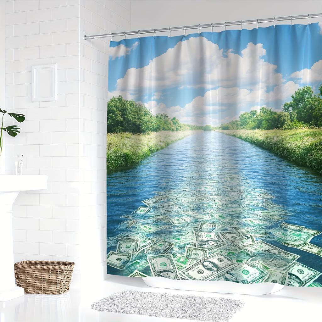 Modern Cartoon Money River Bath Curtain - Vibrant Blue Water With Dollar Bills, Machine Washable, All-Season Bathroom Decor