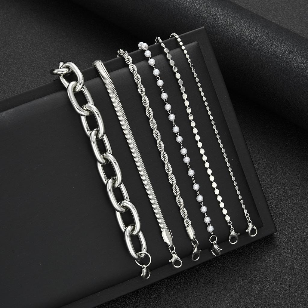 6pcs Vintage Pearl Snake Chain Bracelet Set For Women Fashion Chunky Flat Round Design Twisted Chain Bracelet Daily Wear Jewelry