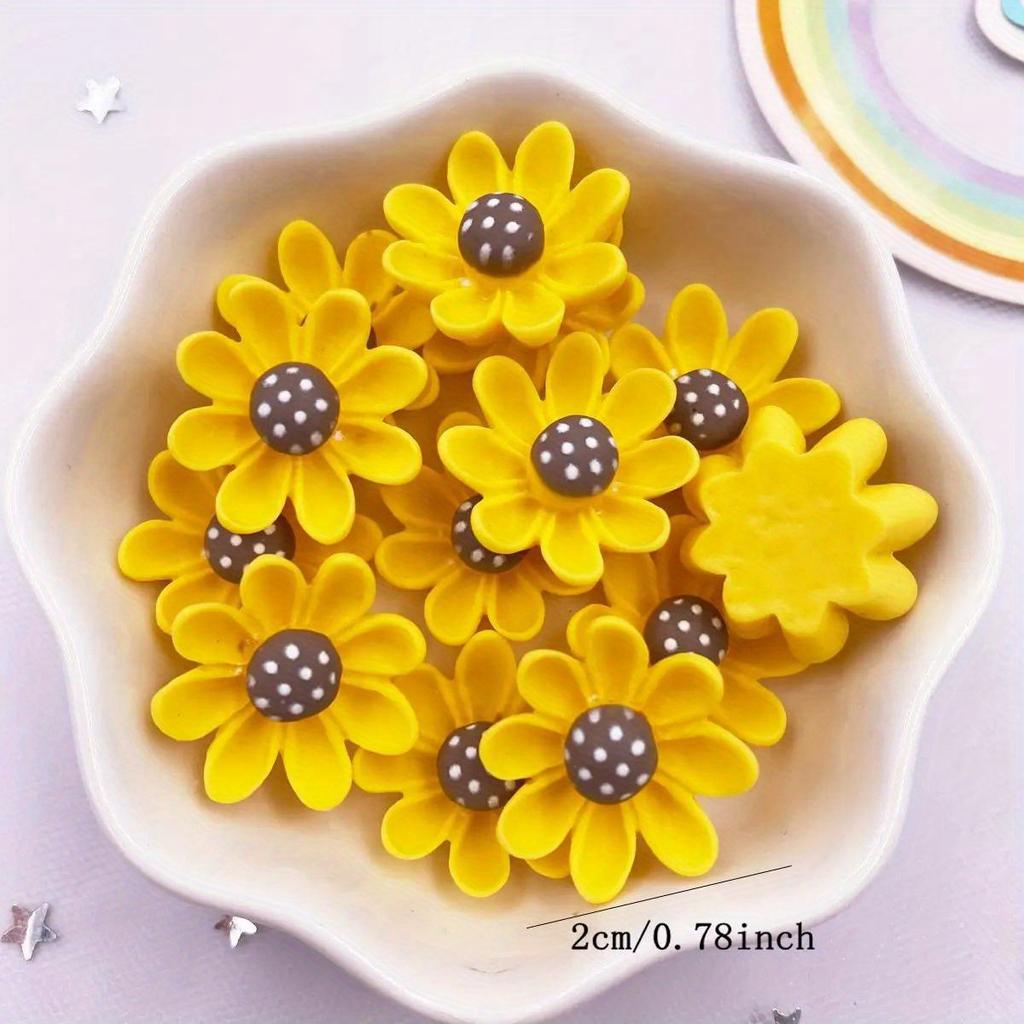 10pcs Vibrant Yellow & Black Resin Flower Embellishments, 20mm - Perfect for DIY Crafts & Garden Decor with Flat Back Stones