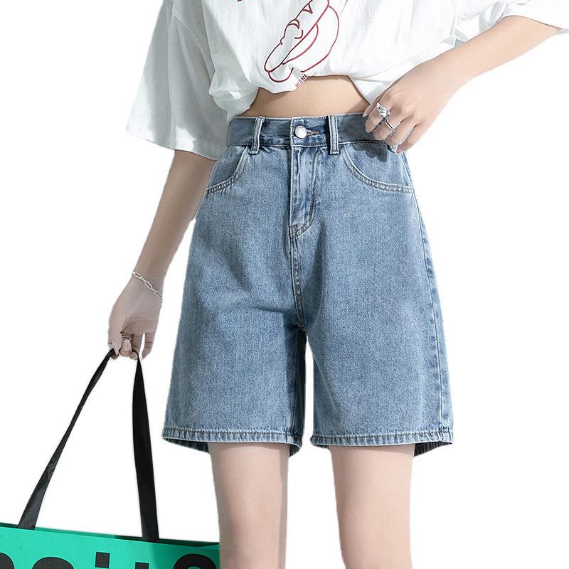 Pantaloni scurți de damă din denim cu talie înaltă, croială lejeră, 5 puncte - Subțiri de vară, cu efect de slăbire, lungime medie, drepți, cu design cu picior lat