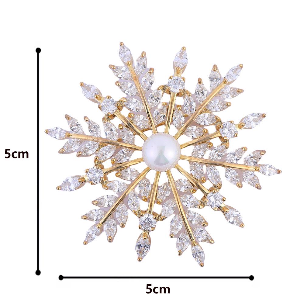 Korean Zircon Snowflake Brooch - Vintage Pearl Crystal Pin for Women